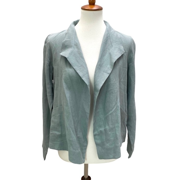 Eileen Fisher Funnel Neck Jacket Spring Linen Petite Small Tarragon Blue Green - Picture 6 of 15